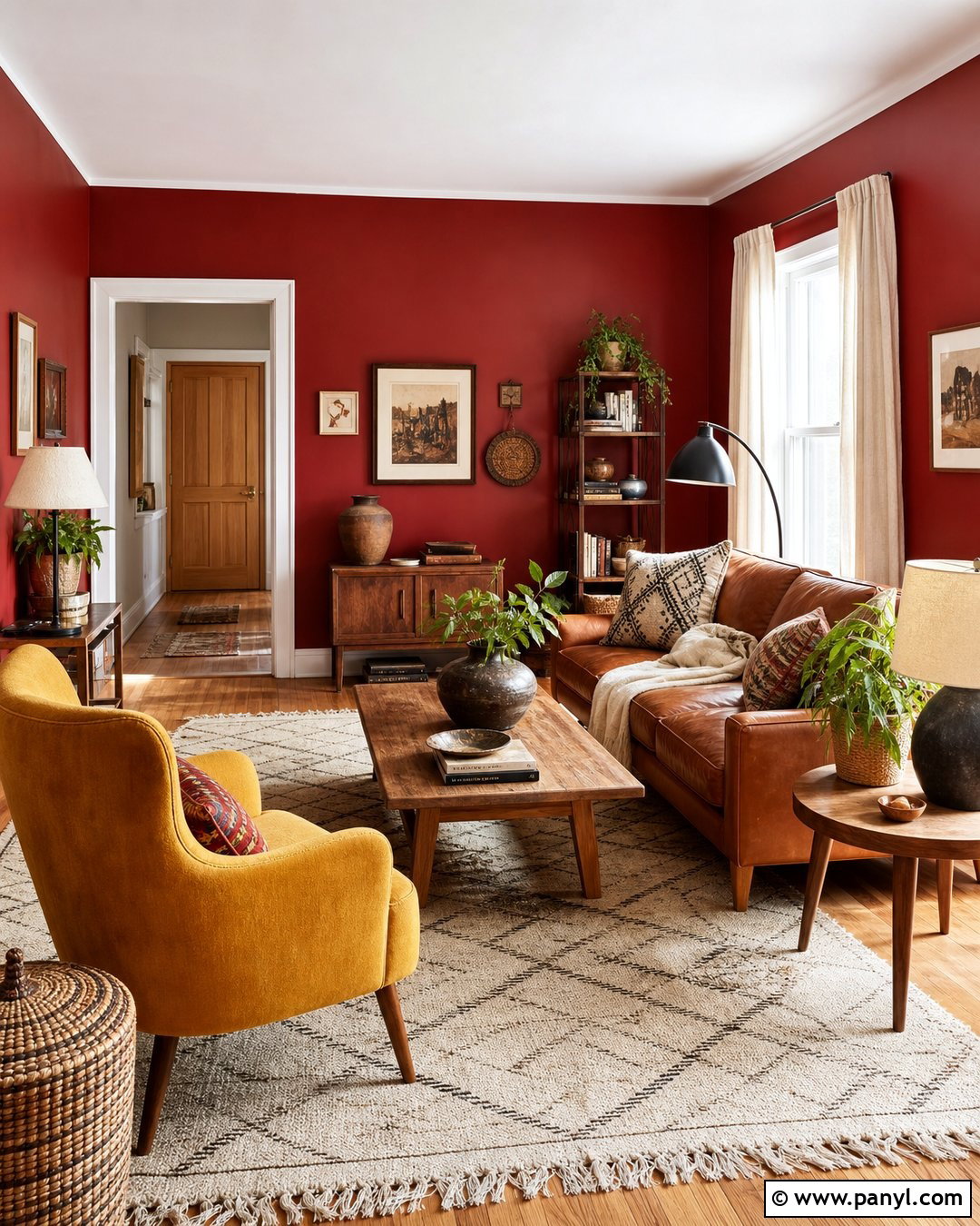 Deep Red Walls With Mustard Yellow Decor - 25 Deep Red Walls