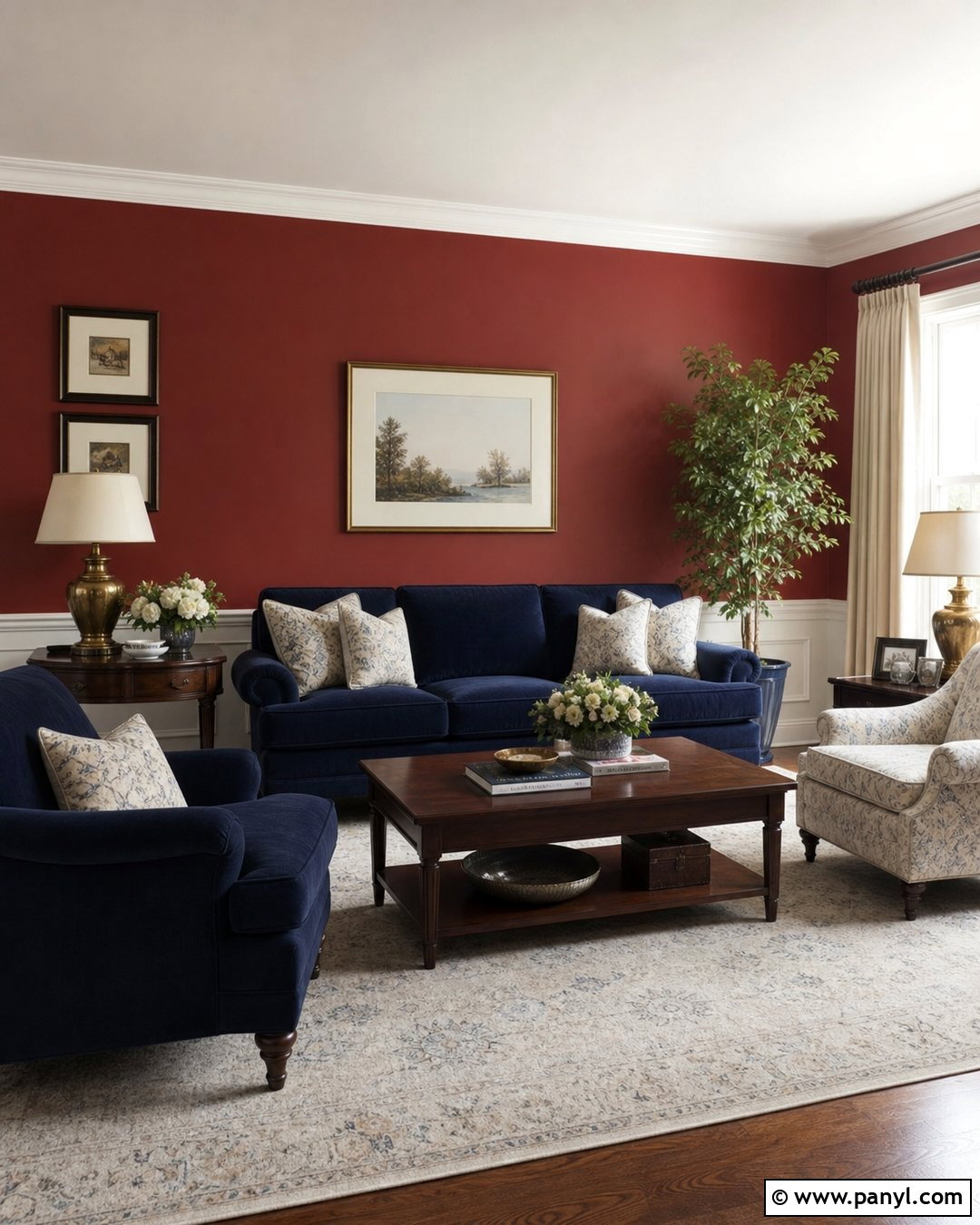 Deep Red Walls With Navy Blue Decor - 25 Deep Red Walls