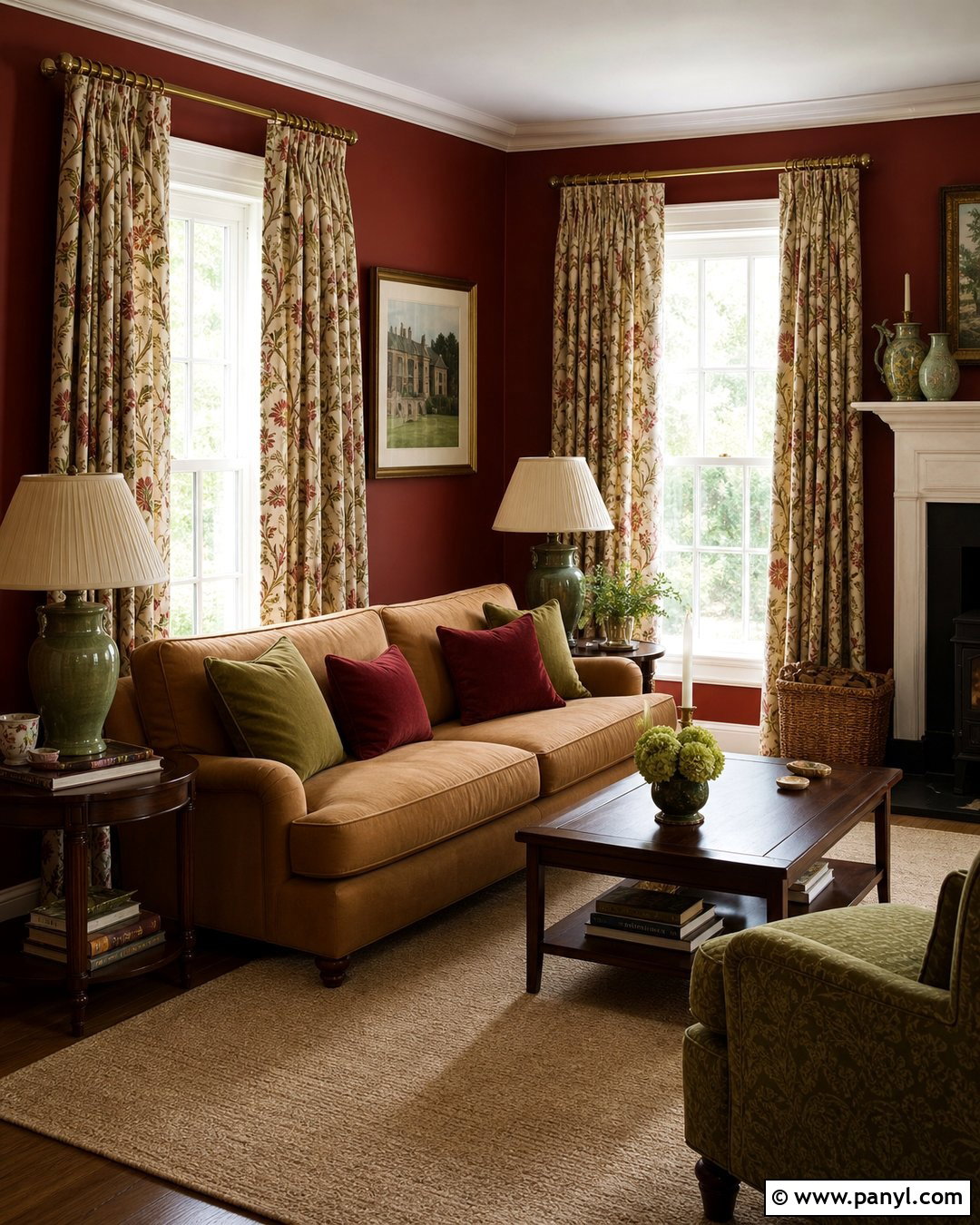 Deep Red Walls With Patterned Curtains - 25 Deep Red Walls