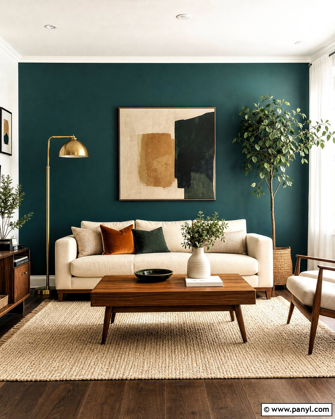 Deep Teal Accent Wall With Cream Sofa - 20 teal accent wall living room ideas