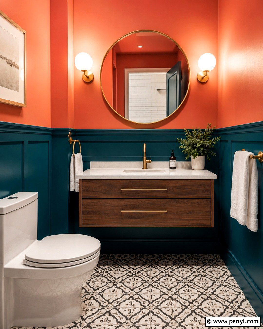 Deep Teal And Coral Powder Room - 20 Rooms With Two Color Walls