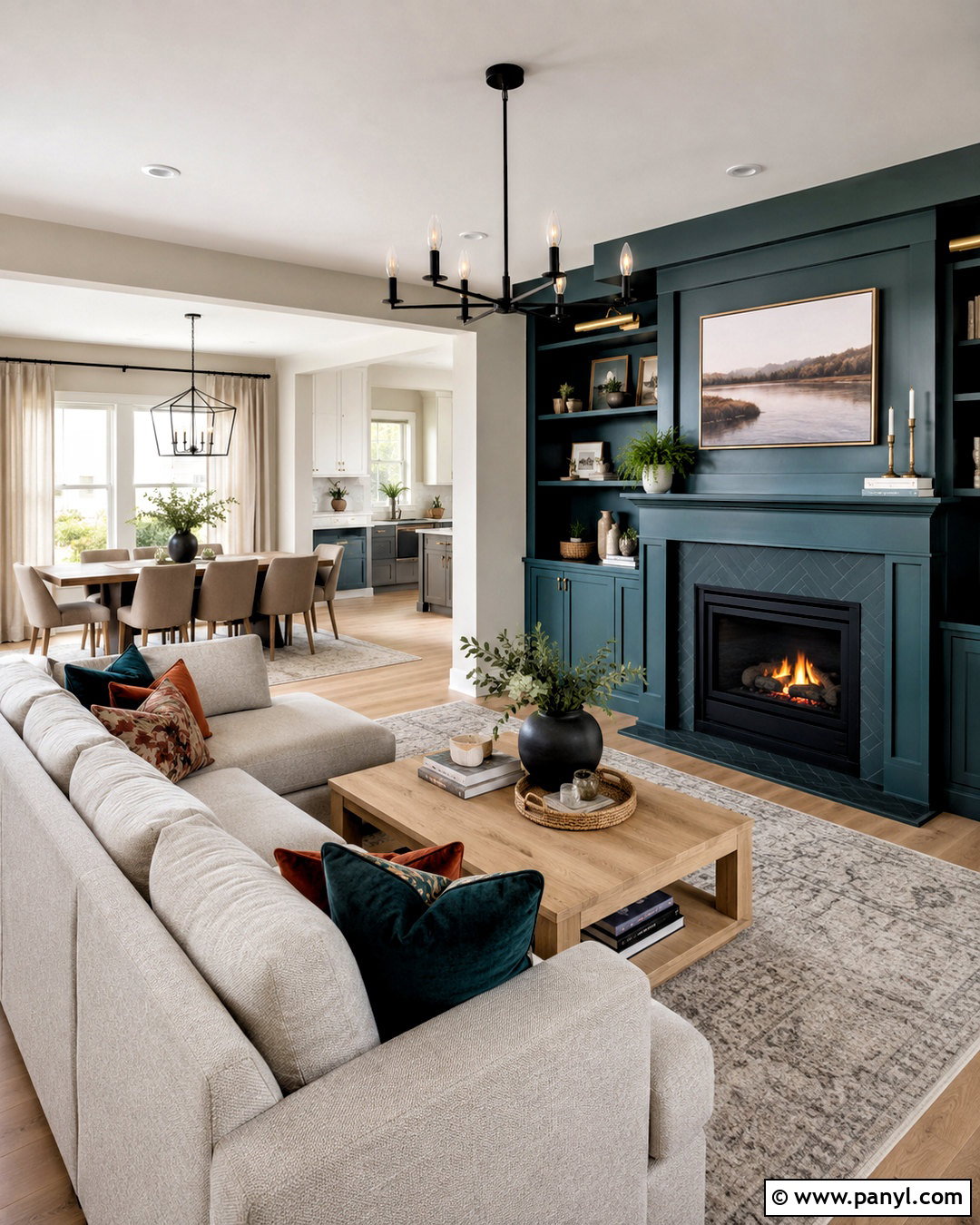 Deep Teal And Greige Open Living Room - 20 deep teal color palette ideas