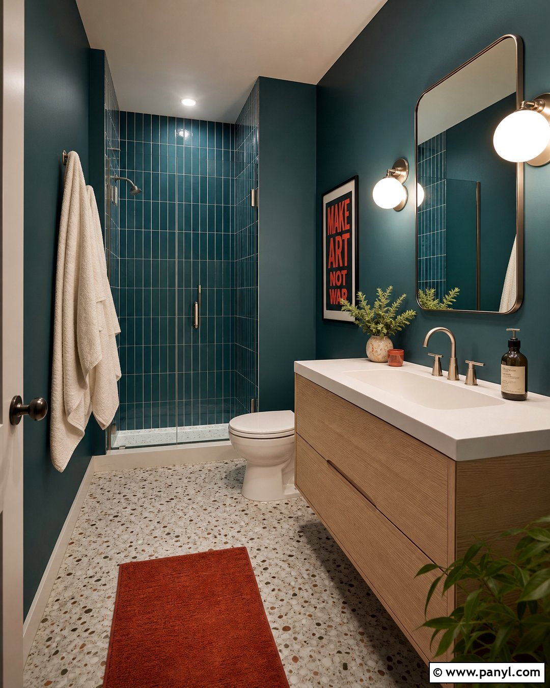 Deep Teal Bathroom Walls With Terrazzo - 30 Dark Bathroom Walls