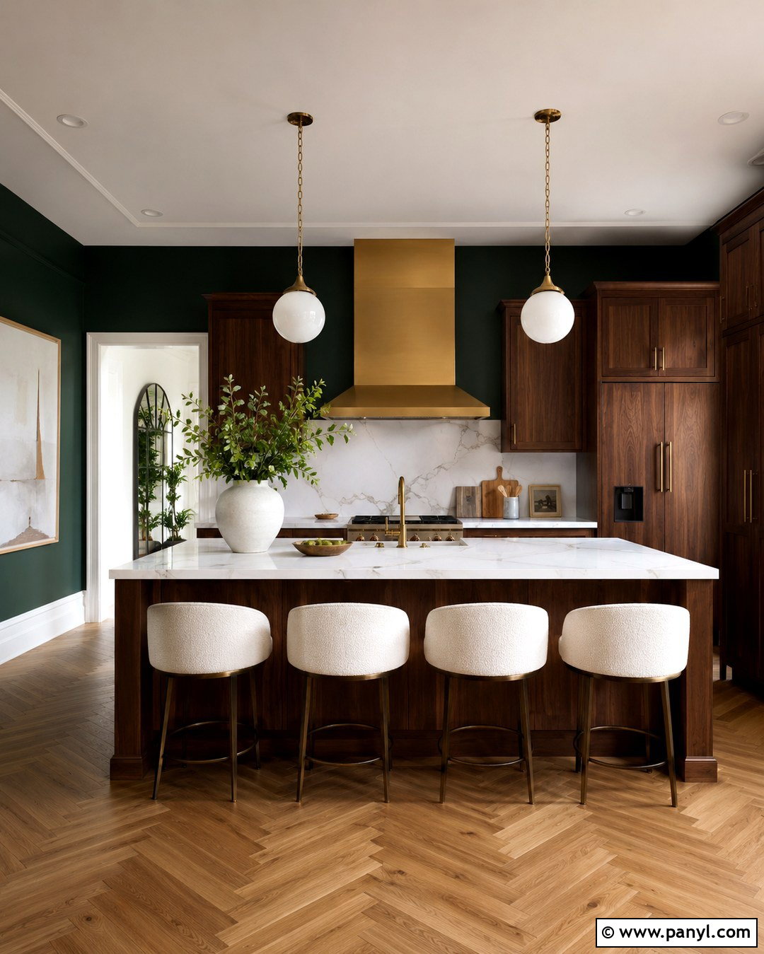 Deep Teal Green Walls With Walnut Cabinets - 20 Green Wall Brown Cabinet Kitchen Ideas