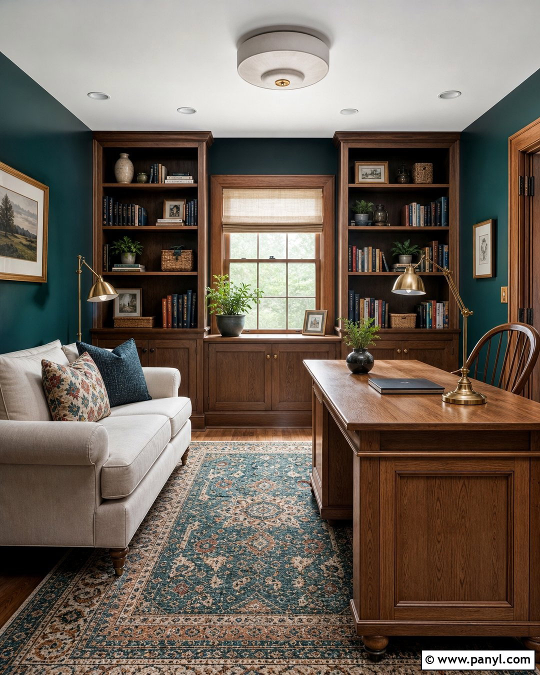 Deep Teal Office With Wood Trim - 20 Dark Walls Unpainted Woodwork Ideas
