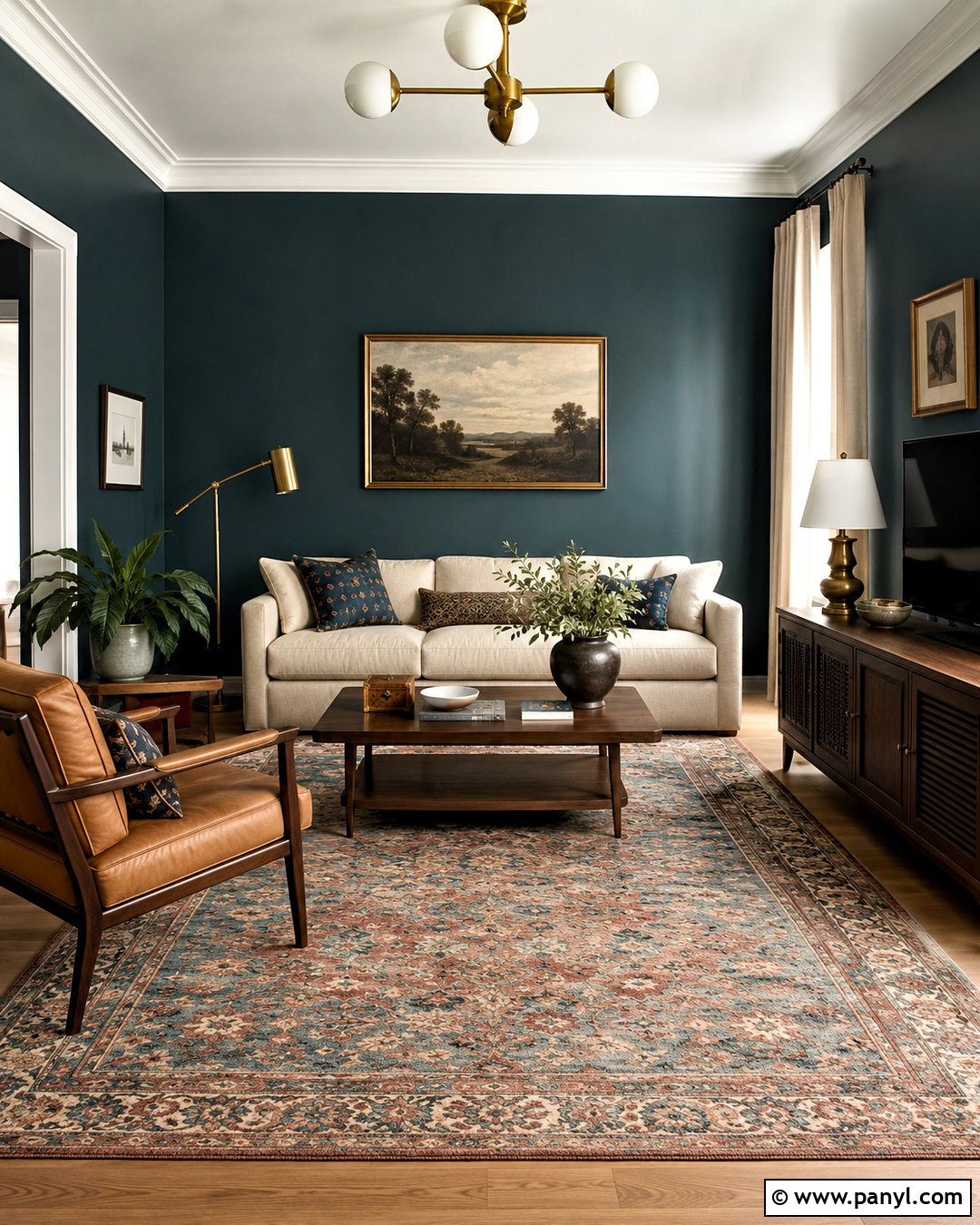 Deep Teal Walnut And Brass Living Room - 20 deep teal color palette ideas