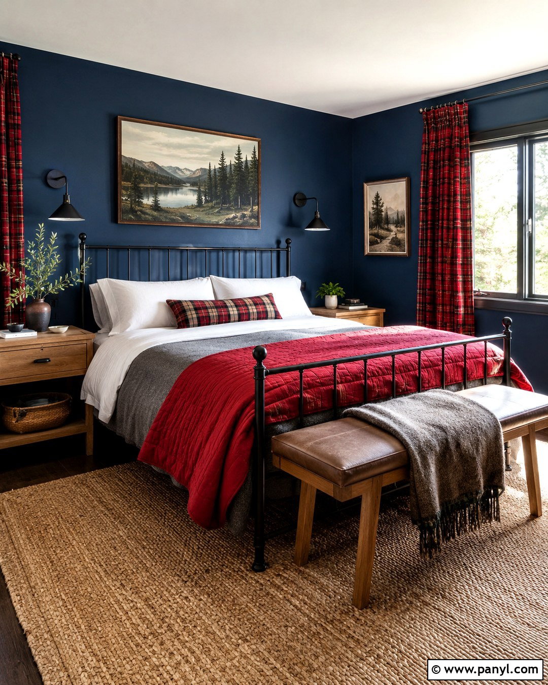 Denim Blue Bedroom With Plaid Red Curtains - 20 Blue Walls Red Curtains