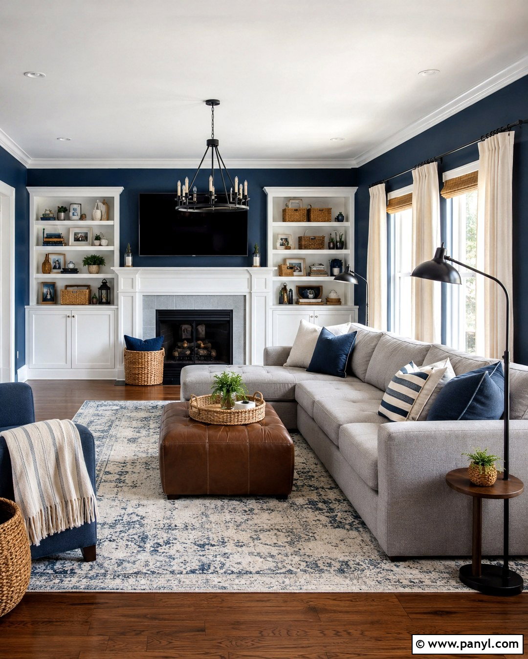 Denim Blue Family Room With White Trim - 20 Blue Wall White Trim Ideas