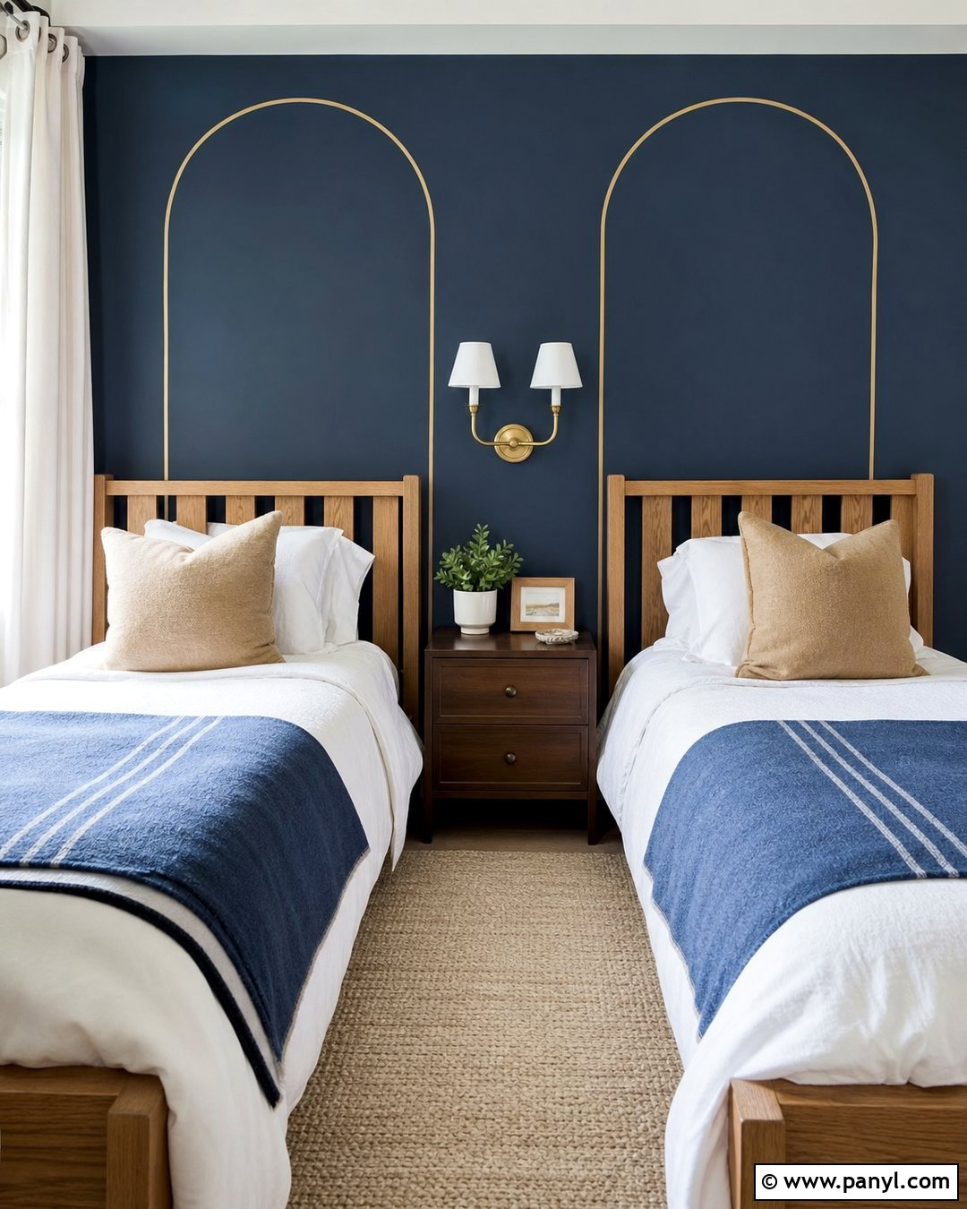 Denim Blue Guest Room Wall With Gold Arch Lines - 20 Blue Wall With Gold Lines