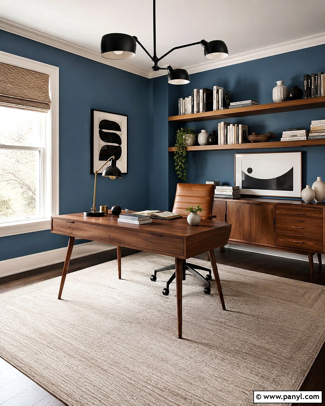 Denim Blue Office Walls With Midcentury Furniture - 20 Blue Paint For Office Walls