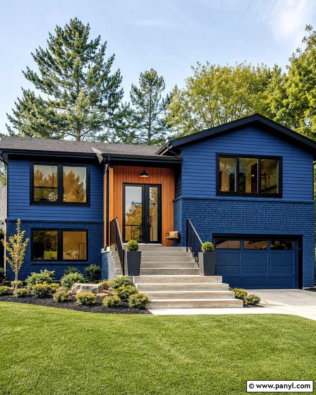 Denim Blue Split Level House With Black Trim - 20 blue house black trim ideas
