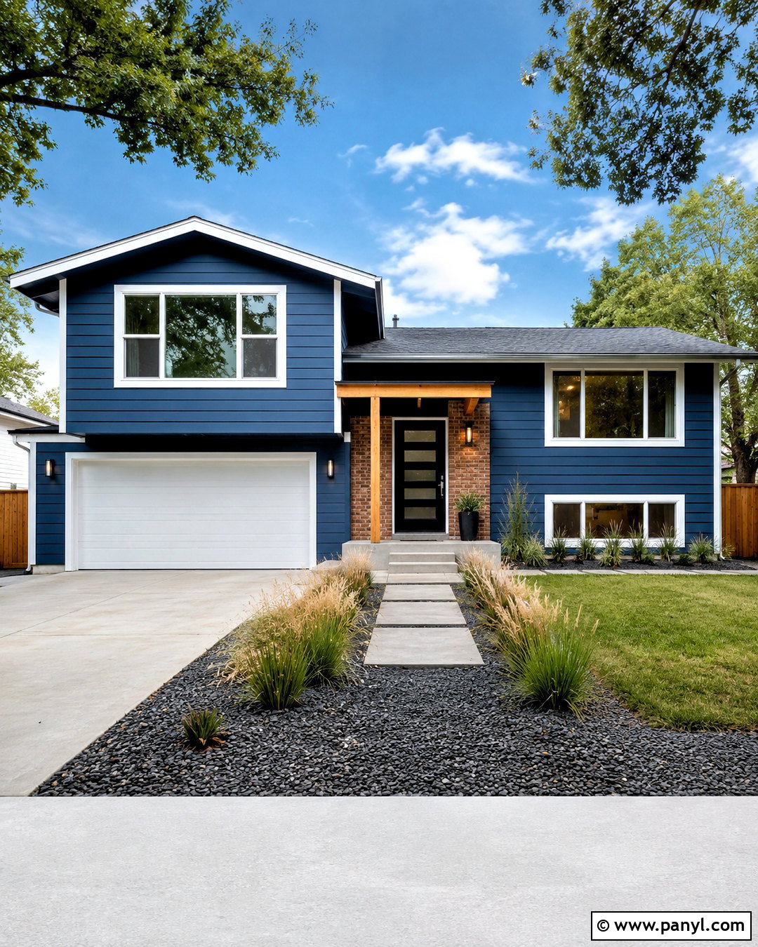 Denim Blue Split Level House With White Trim - 20 blue house white trim ideas