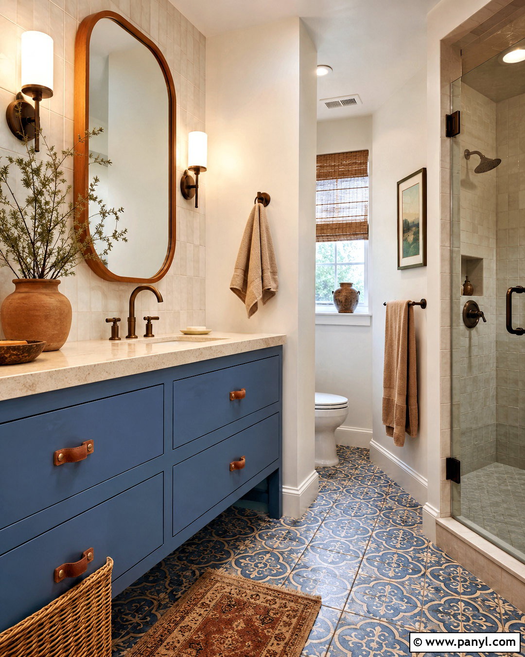 Denim Blue Vanity With Patterned Tile - 20 blue vanity bathroom ideas