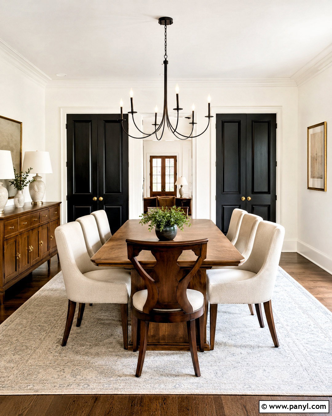 Dining Room With Black Double Doors - 35 White Walls Black Doors