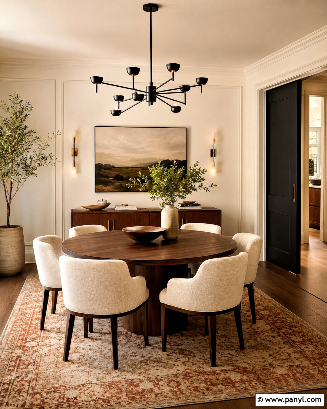 Dining Room With Black Pocket Door - 35 White Walls Black Doors