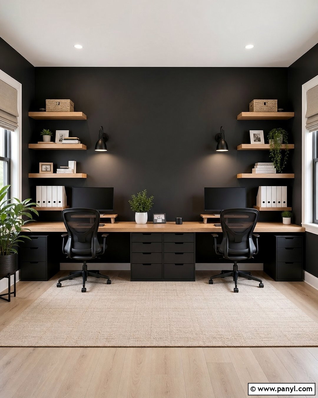 Double Desk Black Accent Wall Office - 35 Black Accent Wall Office Ideas