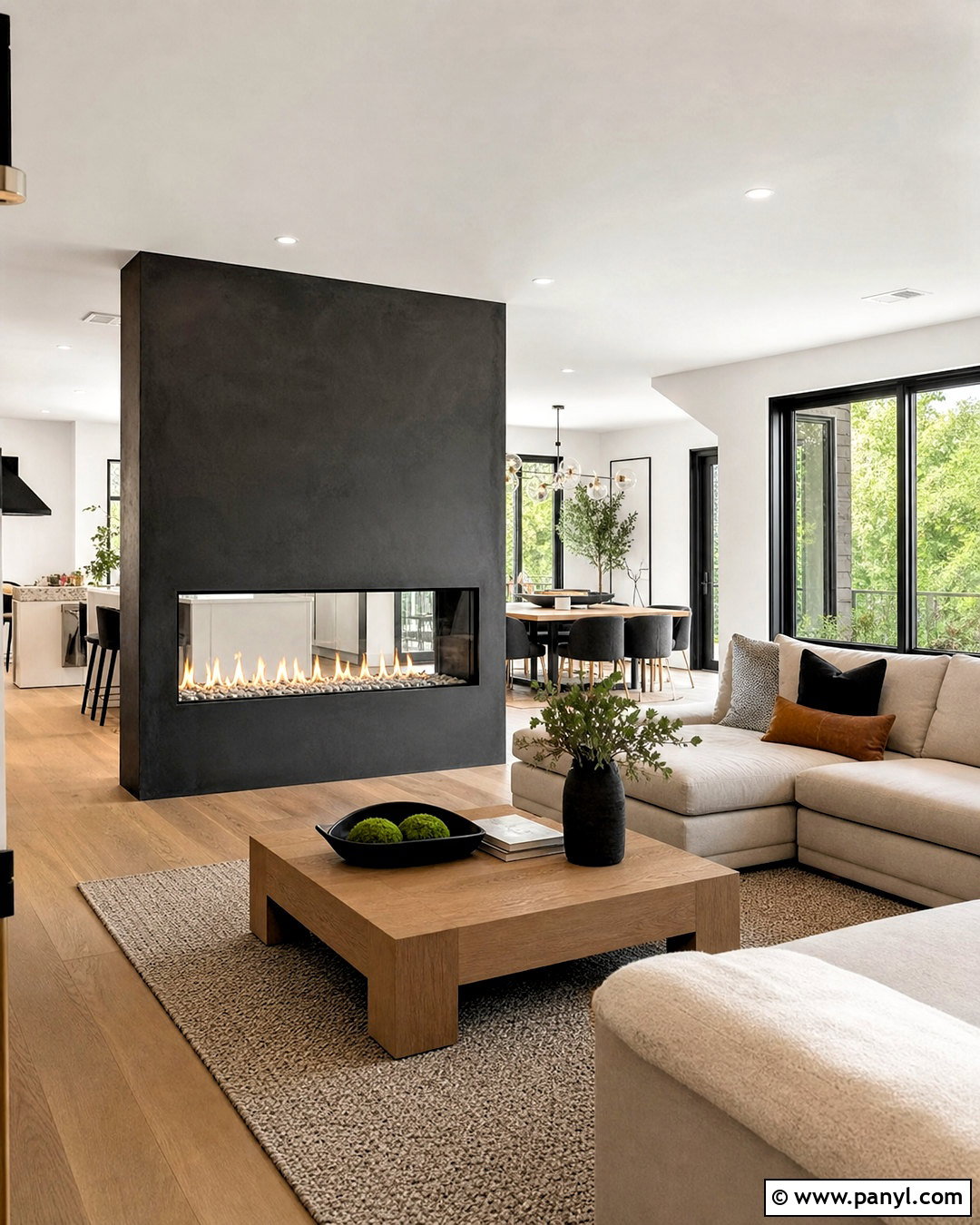 Double-Sided Black Fireplace In An Open Living Room - 20 living room with black fireplace ideas