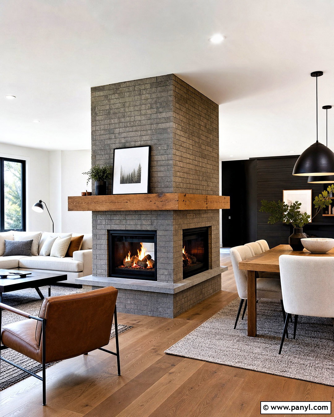 Double-Sided Grey Brick Fireplace - 20 grey brick fireplace ideas