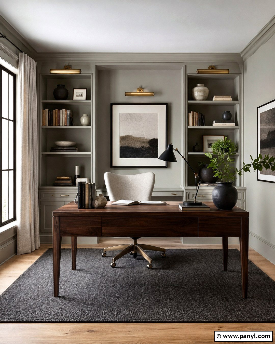 Dove Gray Home Office With Built-In Shelves - 20 Dove Gray Walls
