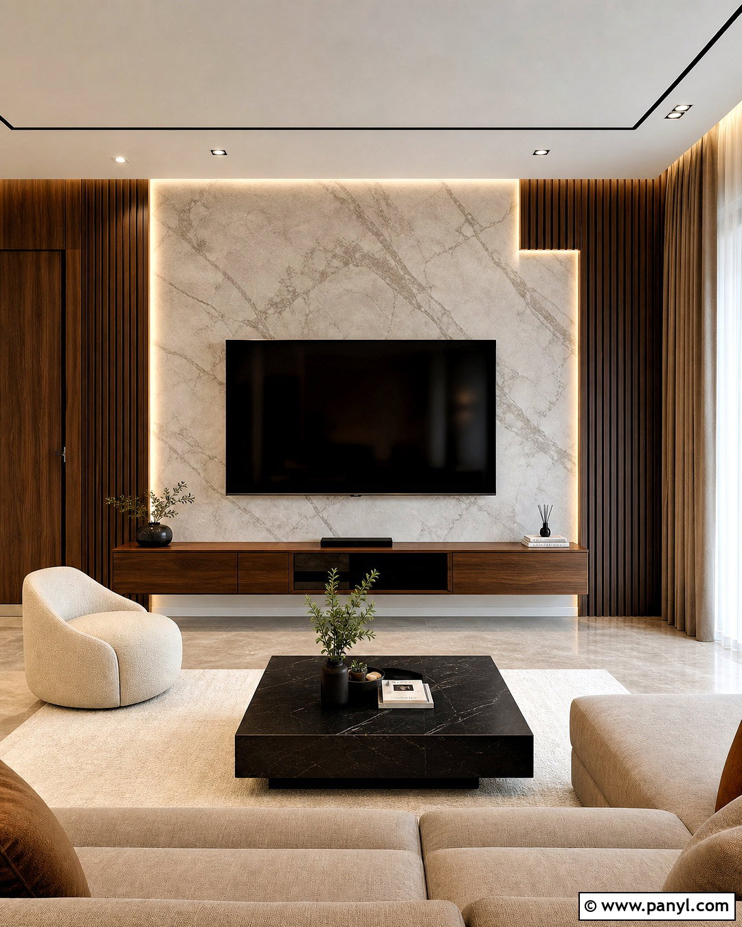 Drawing Room Back Wall With Fluted Marble Panel - 20 drawing room back wall design ideas