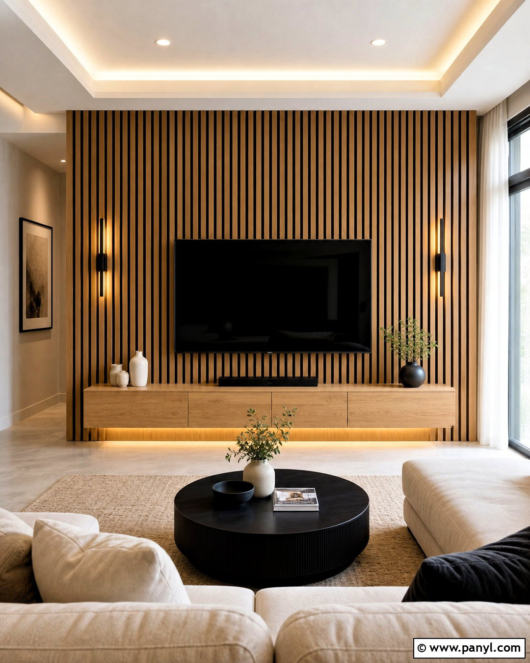 Drawing Room Back Wall With Wooden Slats - 20 drawing room back wall design ideas