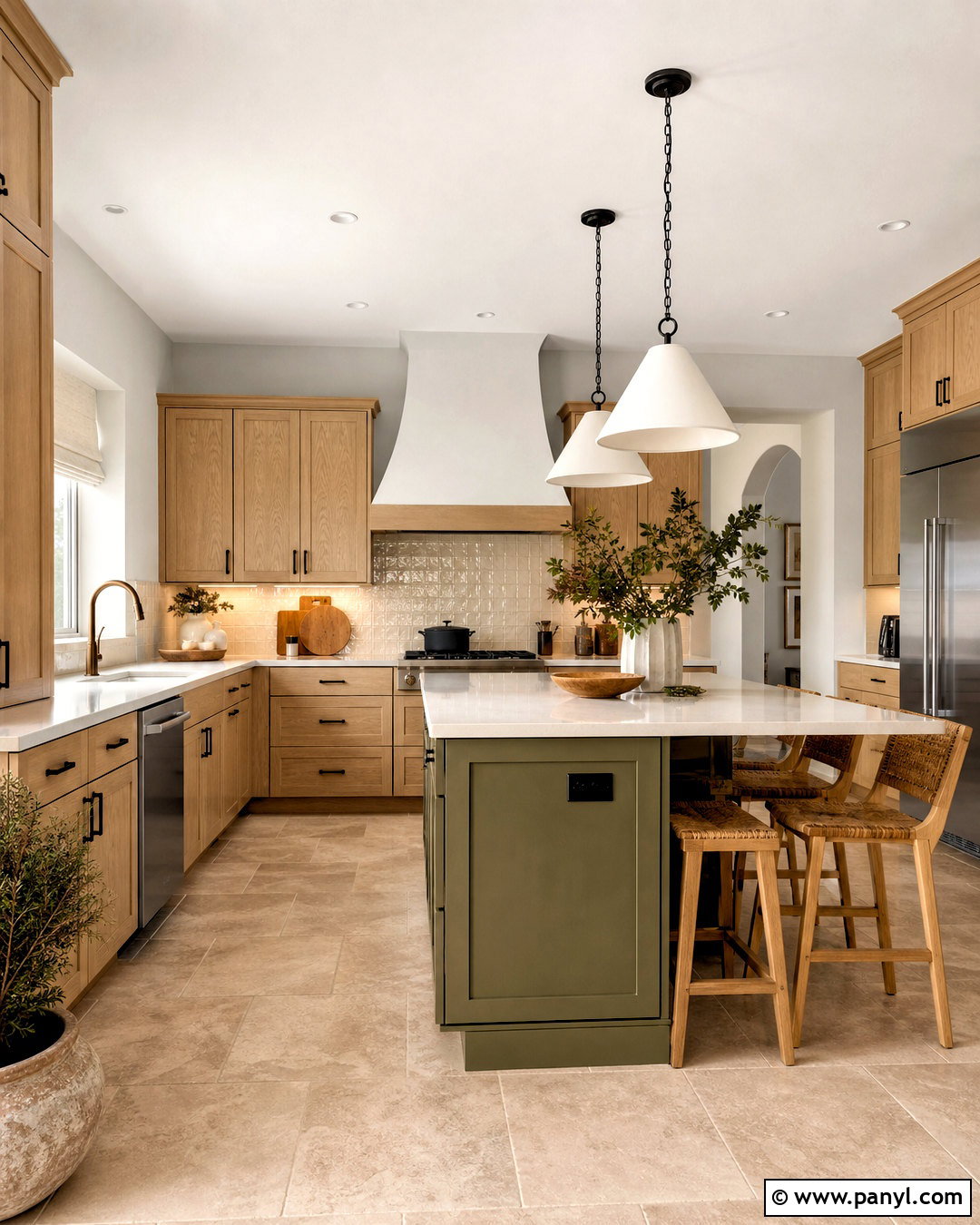 Drift of Mist Kitchen With Wood Cabinets - 20 sw drift of mist walls
