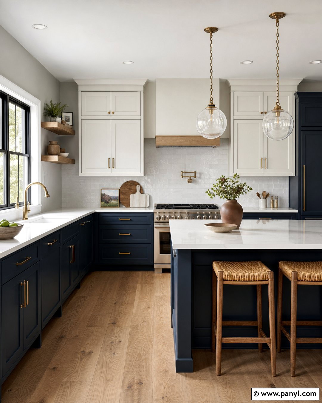 Drift of Mist Walls With Navy Cabinets - 30 sherwin williams drift of mist walls
