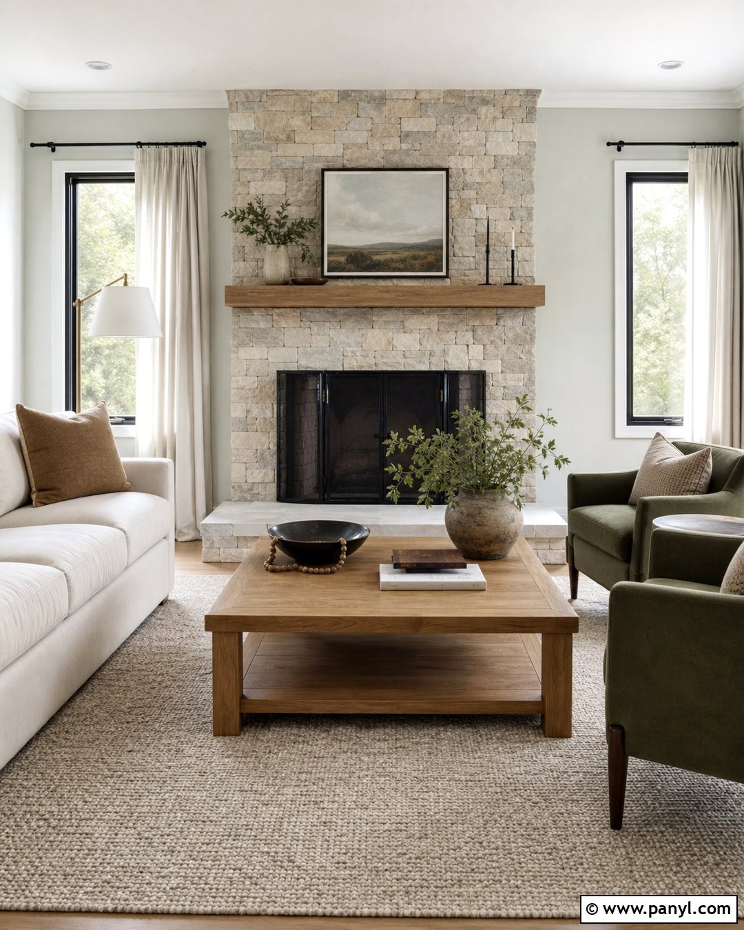 Drift of Mist Walls With Stone Fireplace - 30 sherwin williams drift of mist walls