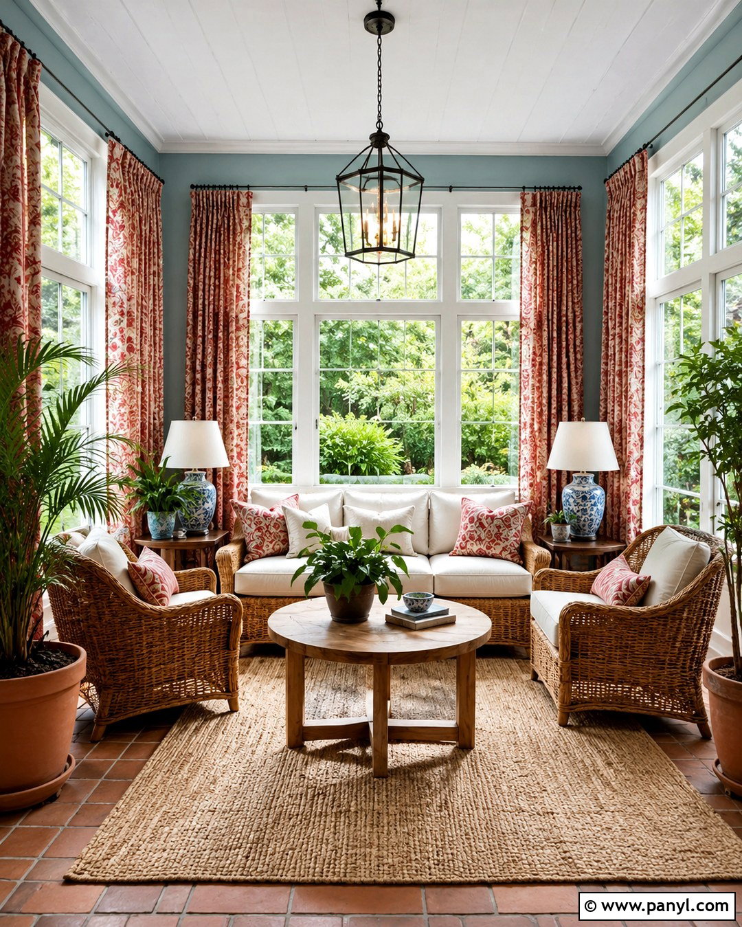 Duck Egg Blue Sunroom With Red Curtains - 20 Blue Walls Red Curtains