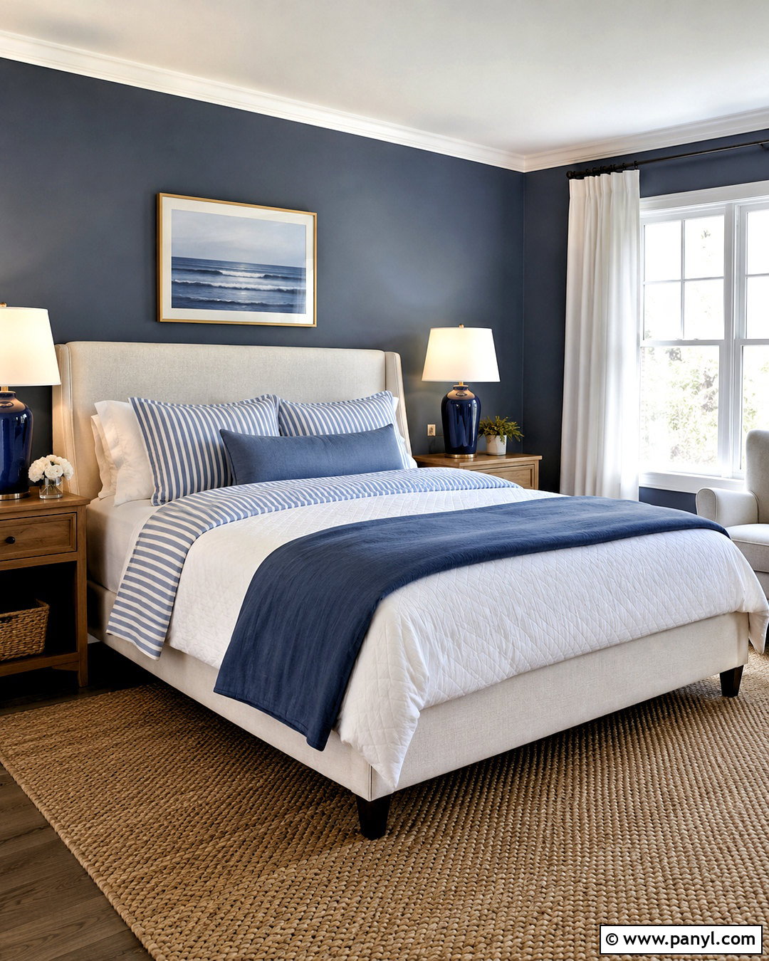 Dusky Blue Bedroom With Striped Bedding - 20 dusky blue bedroom ideas
