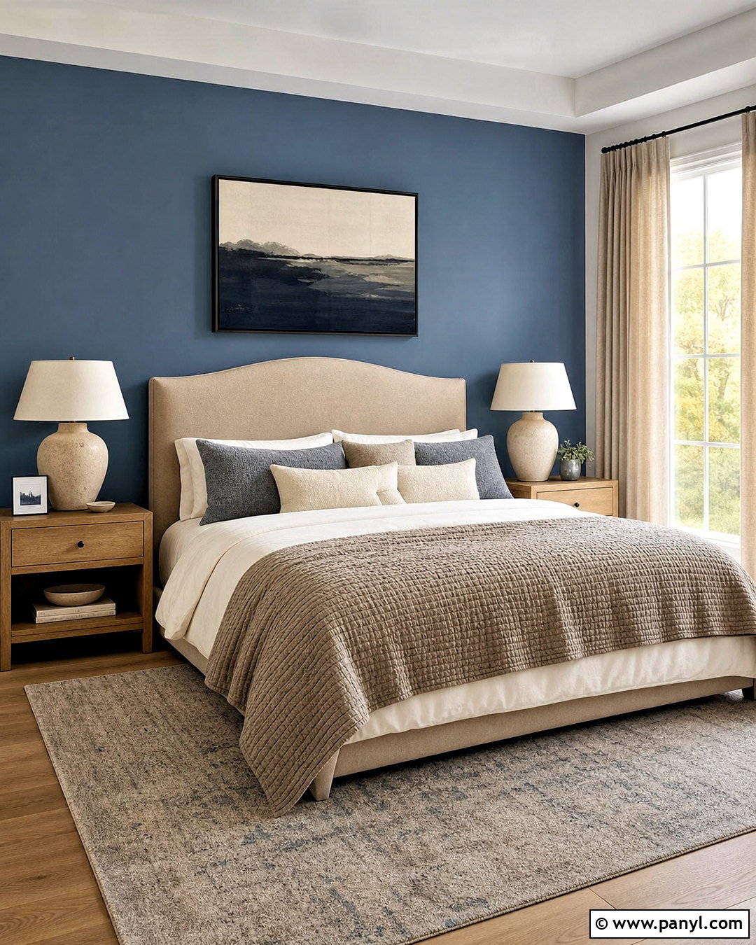 Dusty Blue Accent Wall With Neutral Bedding - 20 bedroom blue accent wall ideas