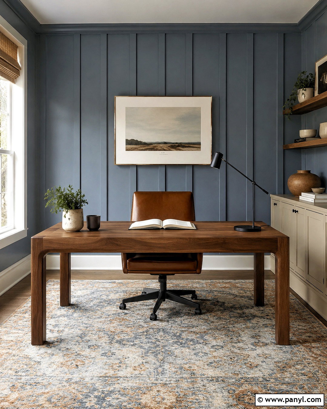 Dusty Blue Board and Batten Home Office - 20 blue board and batten wall ideas