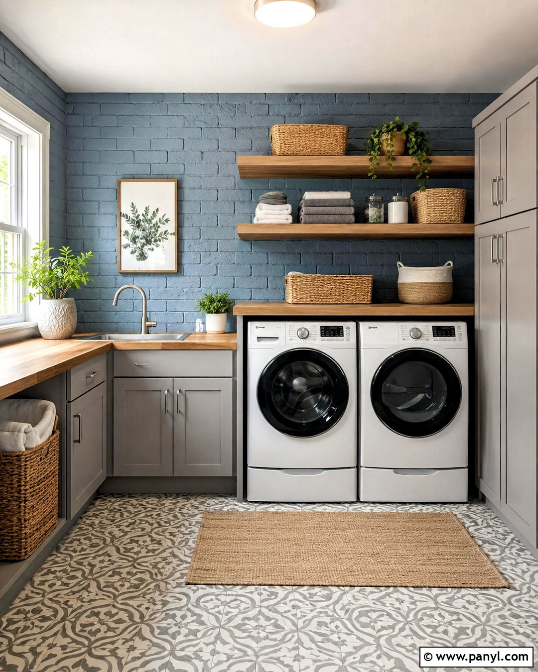 Dusty Blue Brick Laundry Room Wall - 20 brick wall before and after painting ideas