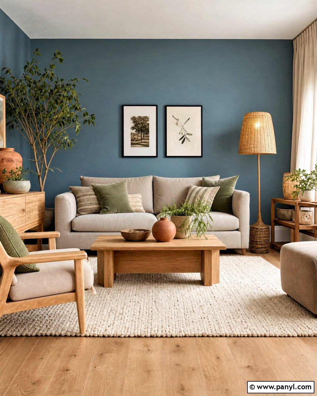 Dusty Blue Feature Wall With Oak Furniture - 20 blue feature wall living room ideas