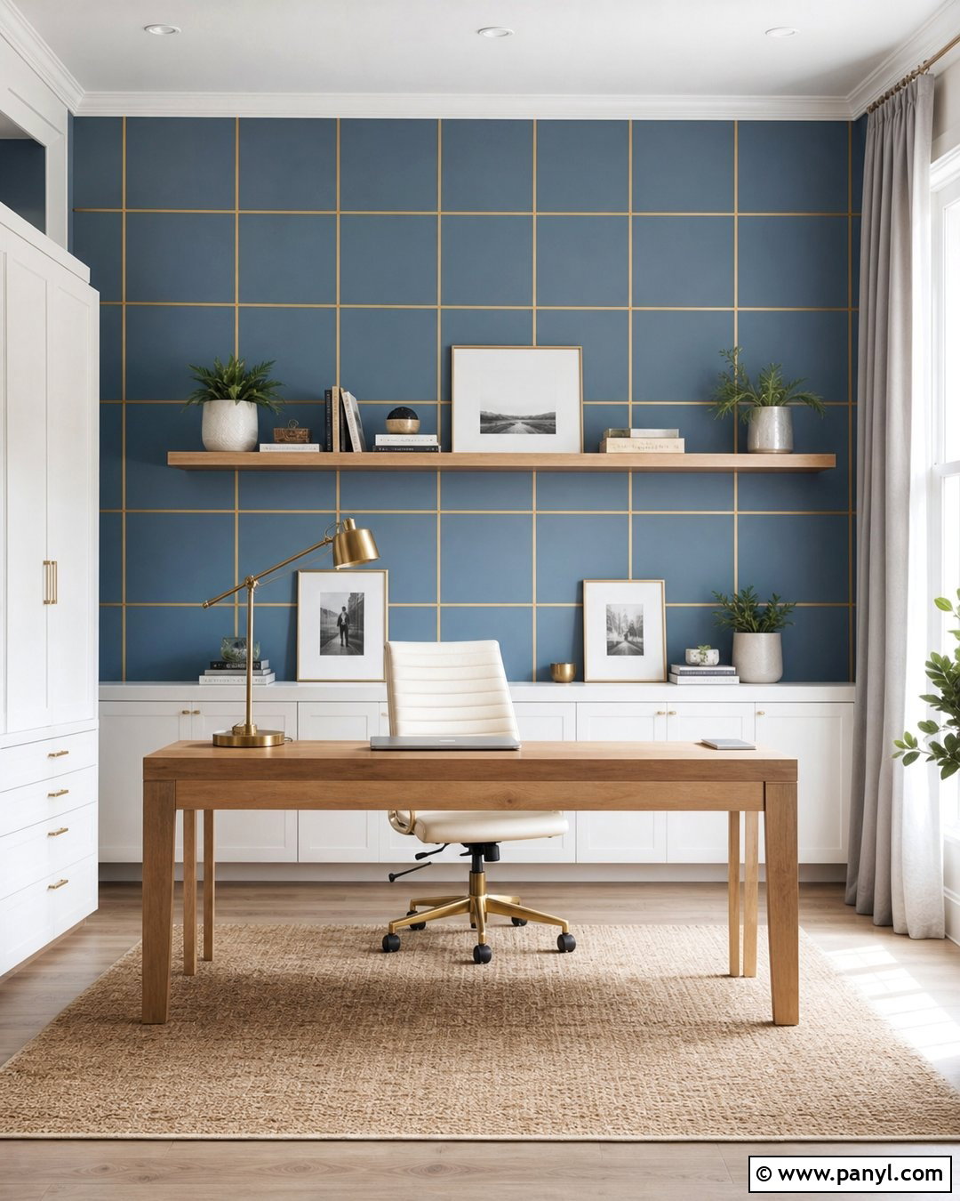 Dusty Blue Home Office Wall With Thin Gold Lines - 20 Blue Wall With Gold Lines