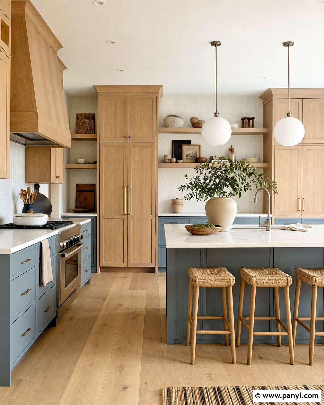 Dusty Blue Kitchen With White Oak - 20 blue kitchen inspiration ideas