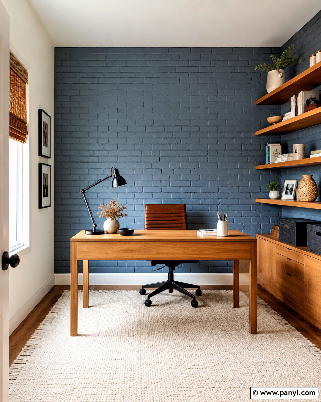 Dusty Blue Painted Brick Office - 20 brick painting interior ideas
