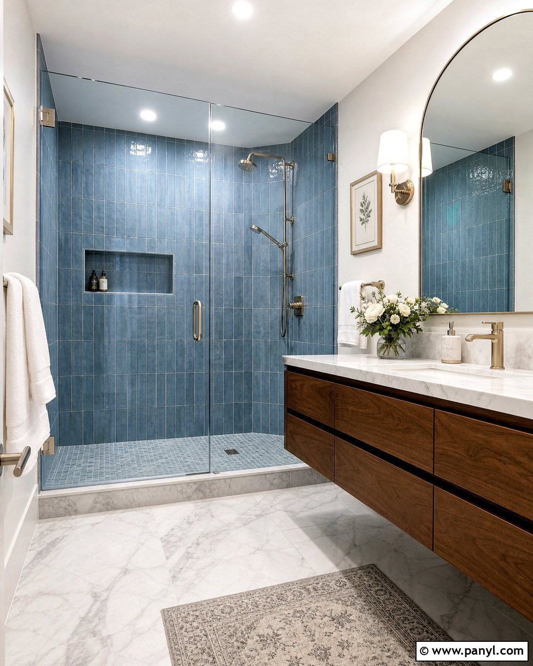 Dusty Blue Shower Tile With Marble Flooring - 20 dusty blue bathroom ideas