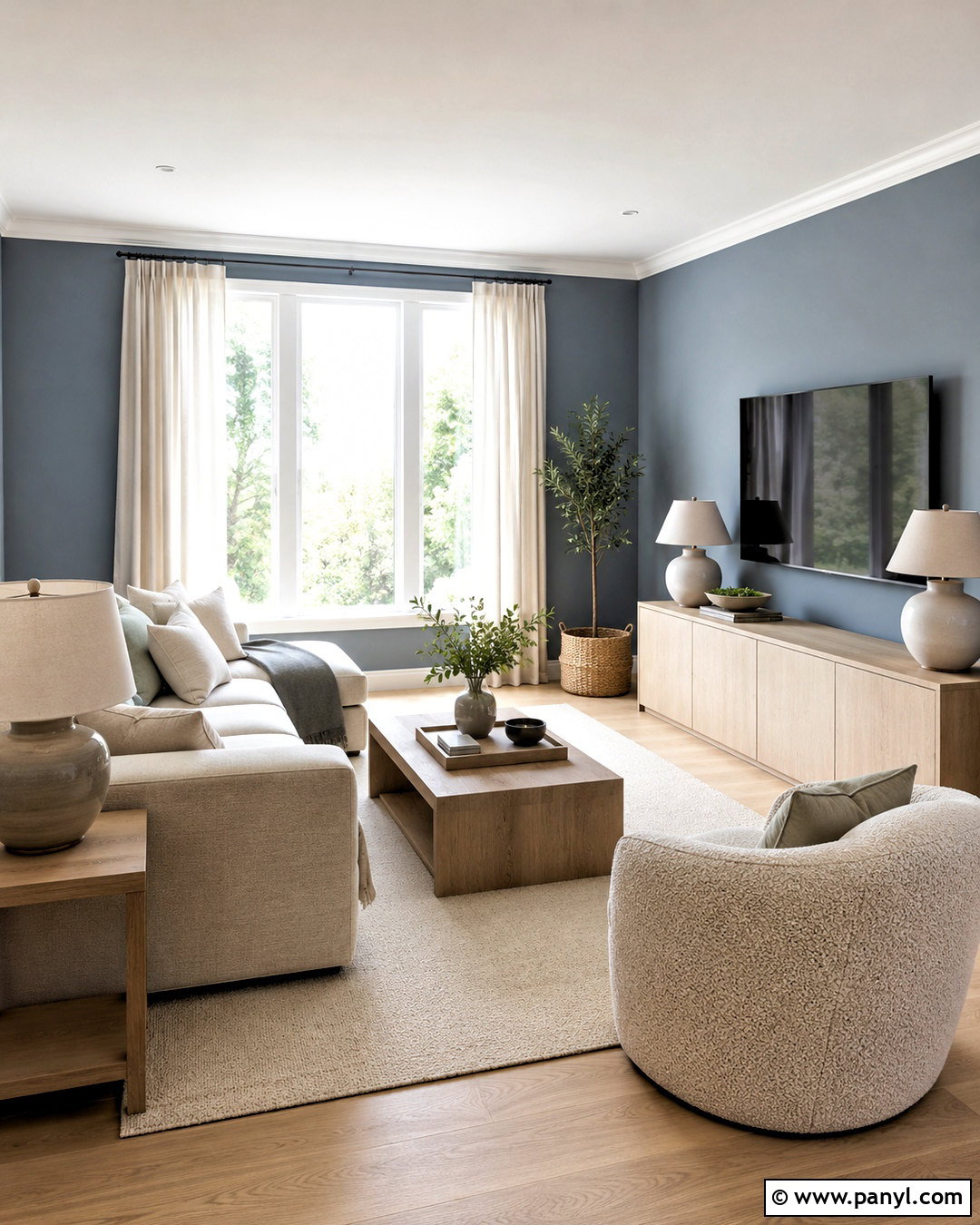 Dusty Blue TV Wall With White Oak - 20 blue tv wall ideas