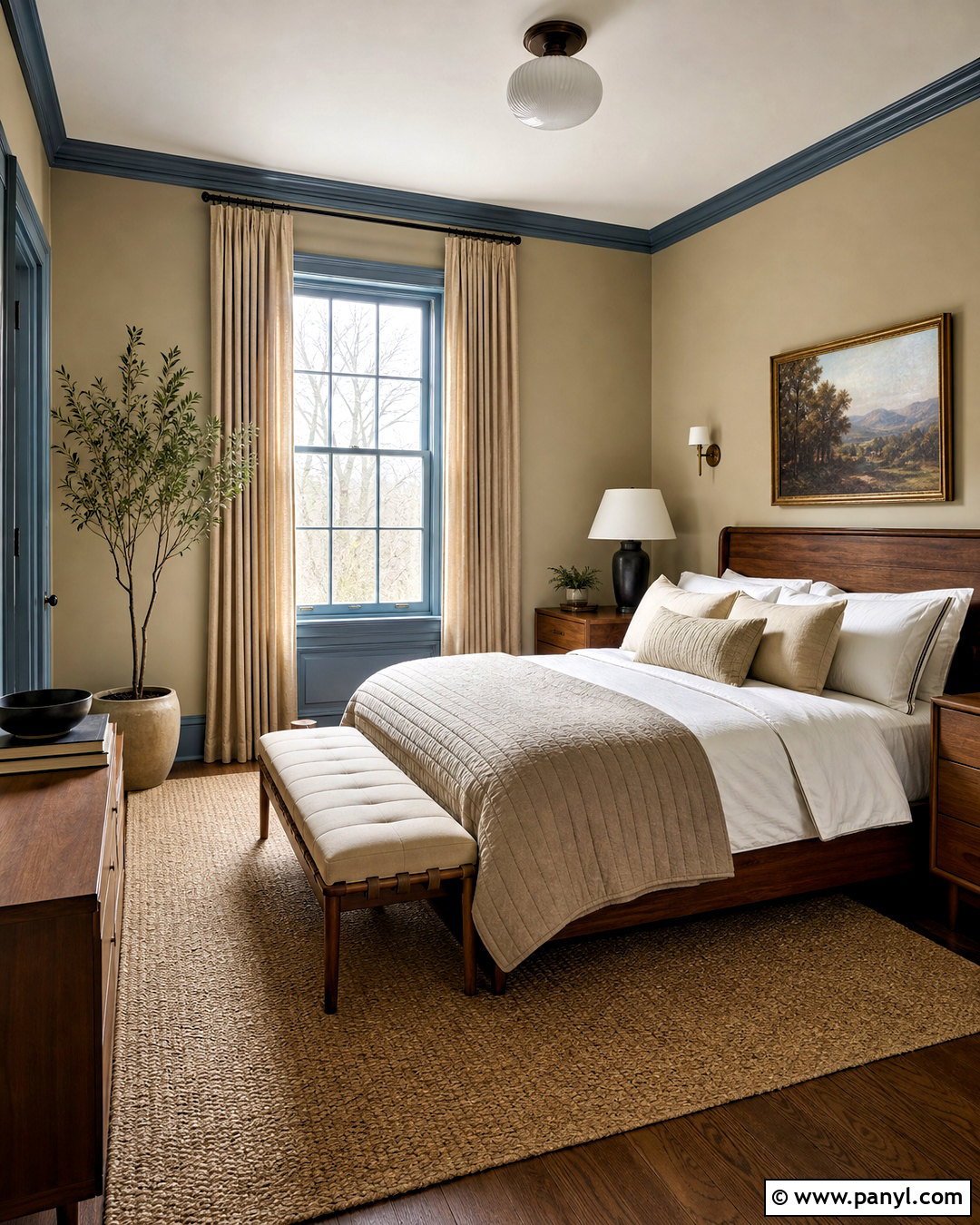 Dusty Blue Trim Bedroom With Warm Beige Walls - 20 blue trim bedroom ideas