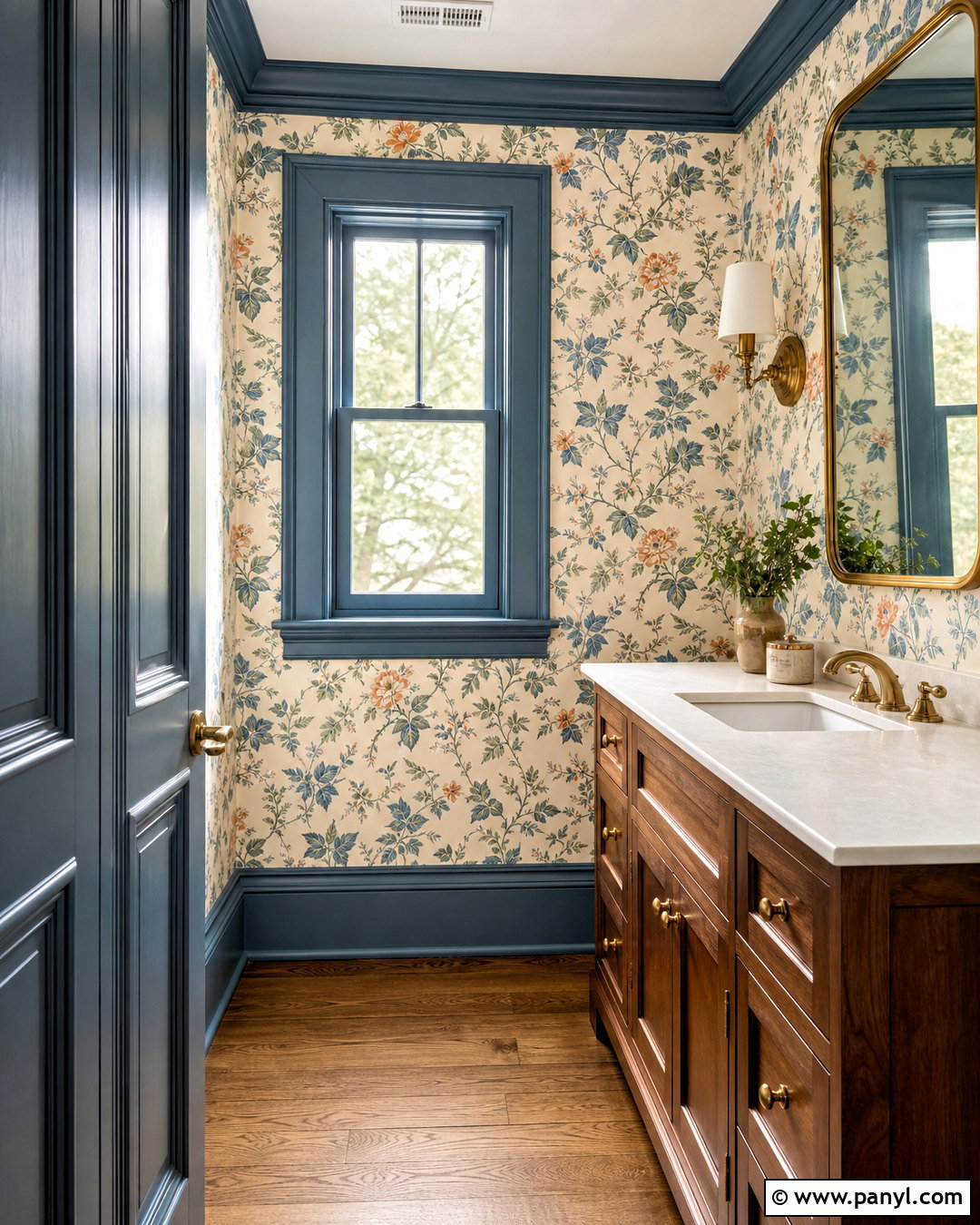 Dusty Blue Trim With Floral Wallpaper - 20 painted baseboards and trim ideas