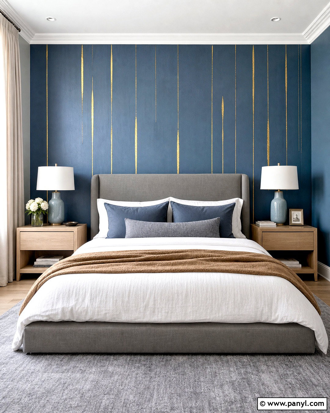 Dusty Blue Wall With Uneven Gold Strips - 20 golden strips on wall ideas