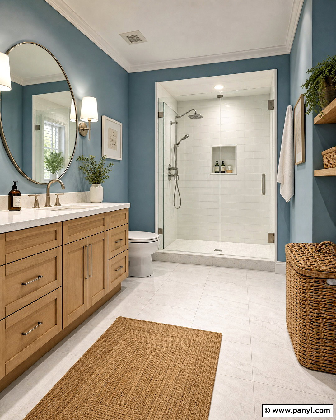 Dusty Blue Walls With An Oak Vanity - 20 dusty blue bathroom ideas