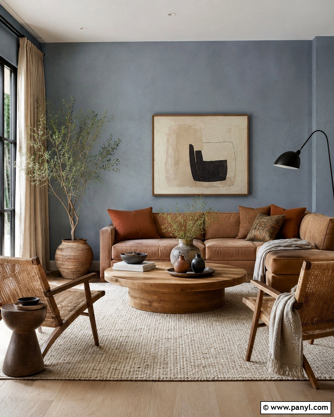 Dusty Blue Walls With Camel Brown Couch - 20 Blue Wall Brown Couch Ideas