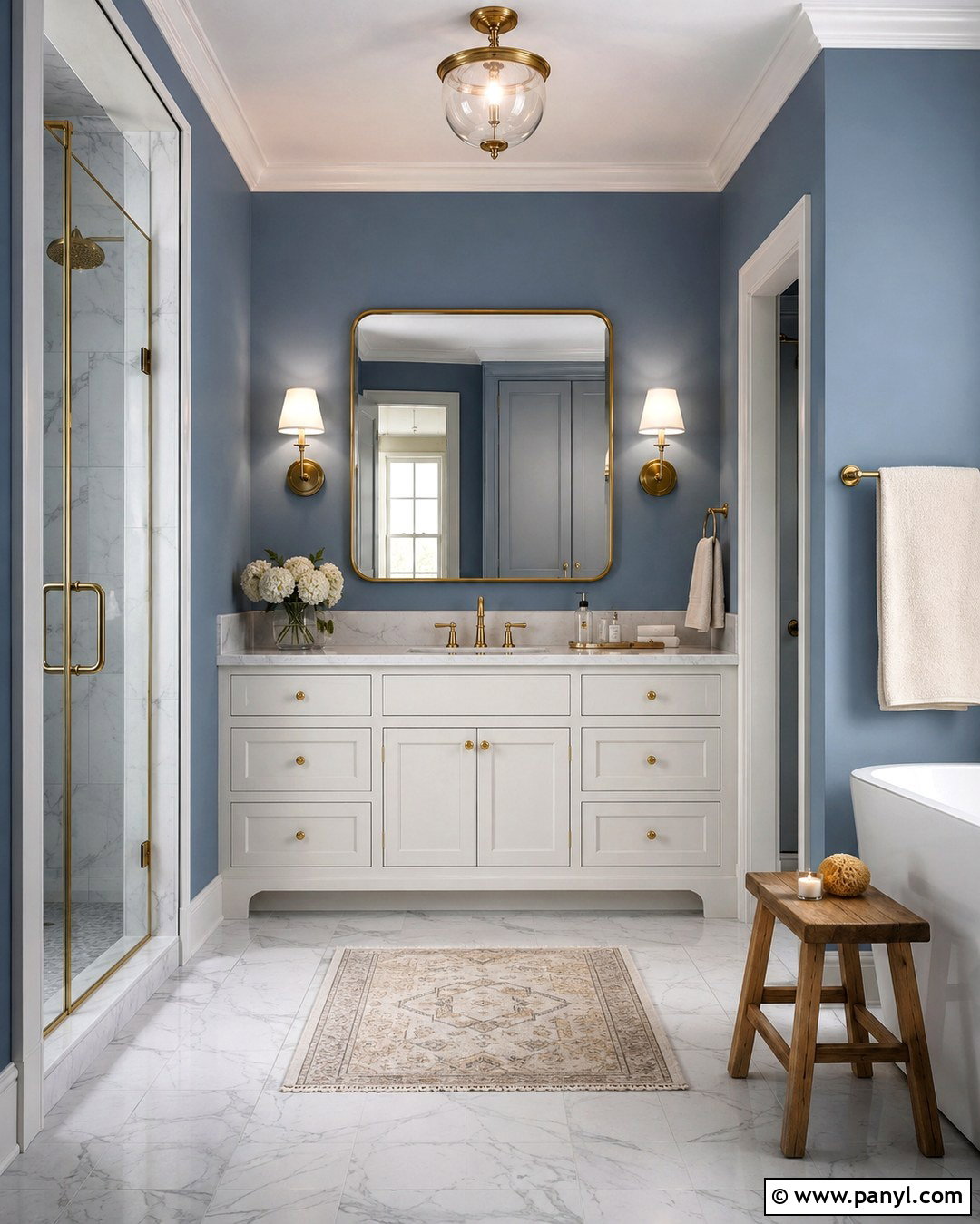 Dusty Cornflower Bathroom With Brushed Brass - 20 Dusty Cornflower Benjamin Moore Bathroom Ideas