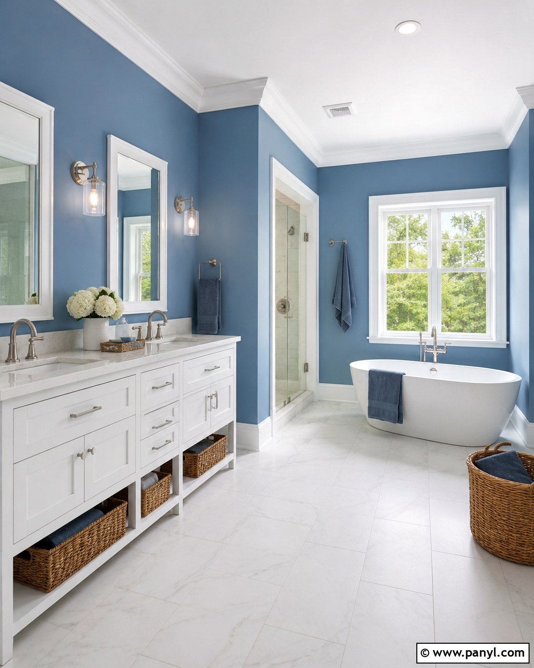 Dusty Cornflower Bathroom With Cloud White Trim - 20 Dusty Cornflower Benjamin Moore Bathroom Ideas