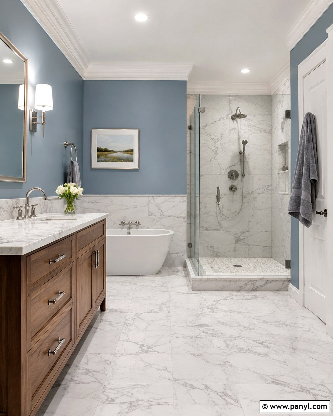 Dusty Cornflower Bathroom With Marble Tile - 20 Dusty Cornflower Benjamin Moore Bathroom Ideas