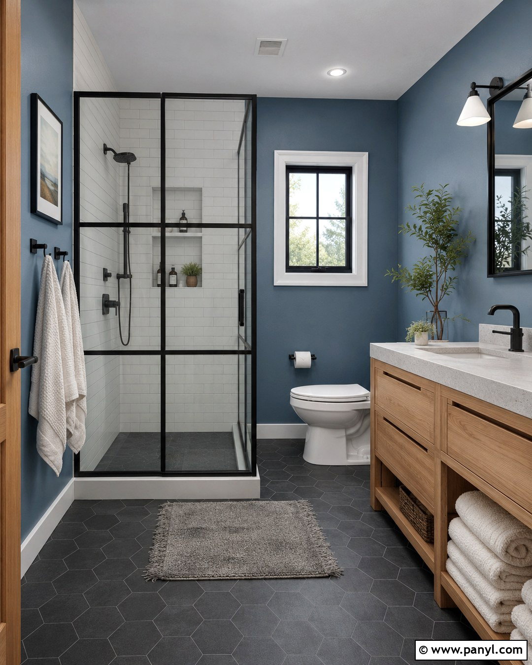 Dusty Cornflower Bathroom With Matte Black Fixtures - 20 Dusty Cornflower Benjamin Moore Bathroom Ideas