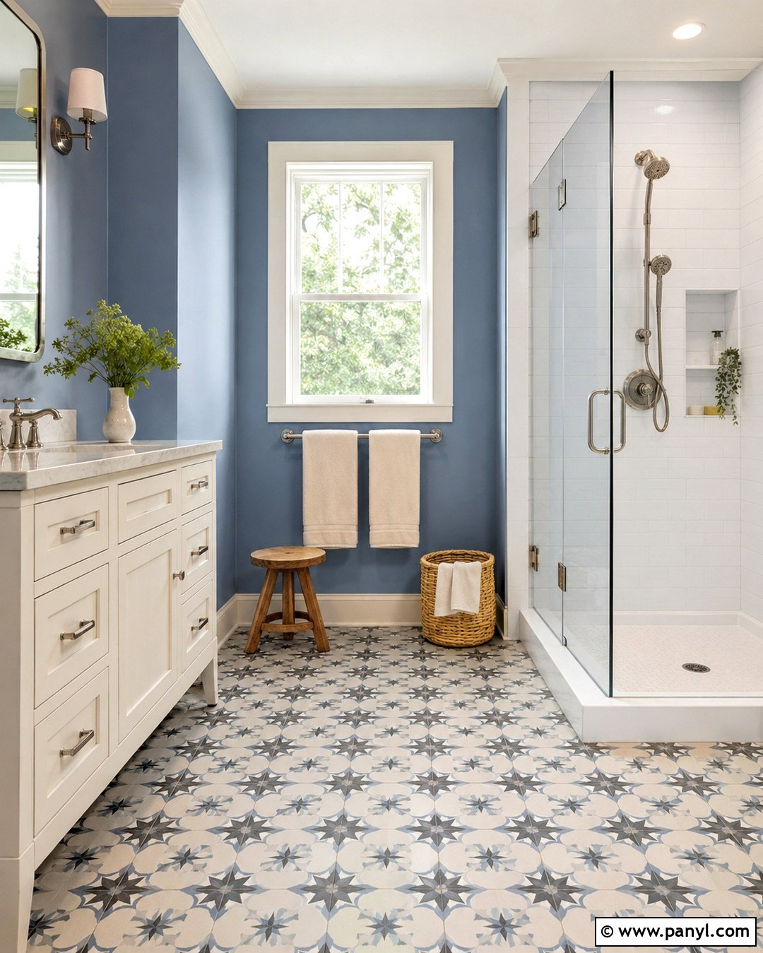 Dusty Cornflower Bathroom With Patterned Floor Tile - 20 Dusty Cornflower Benjamin Moore Bathroom Ideas