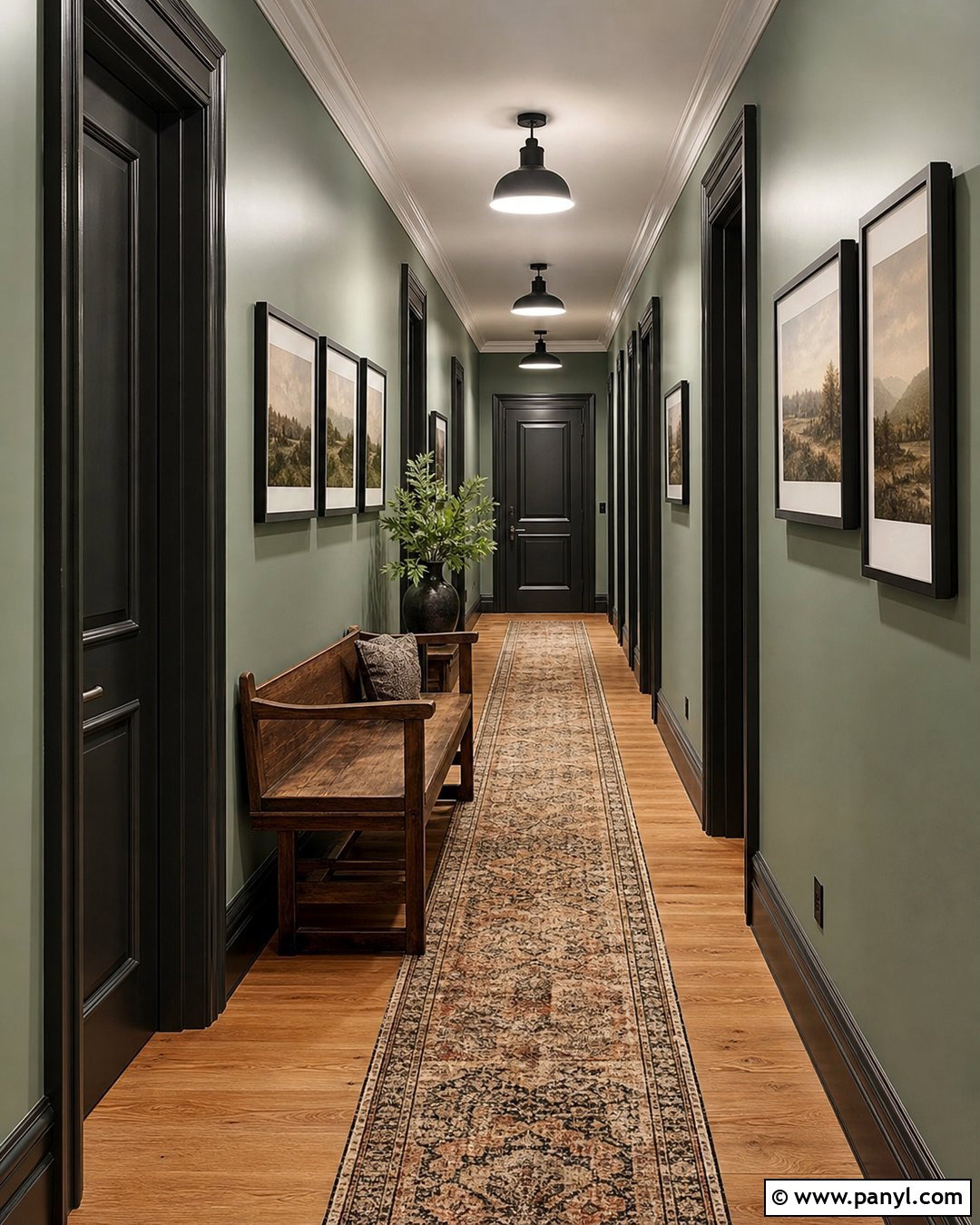 Dusty Green Hallway With Black Trim - 25 Green Wall Black Trim Ideas